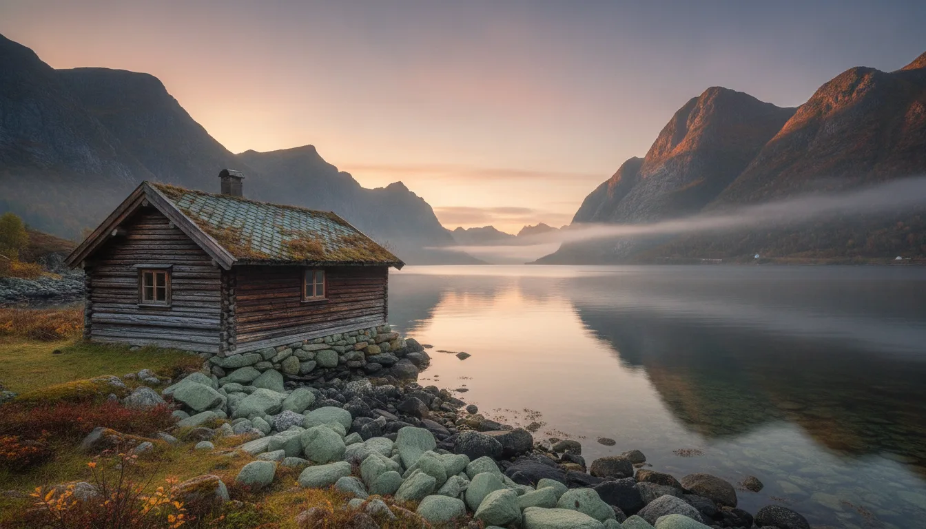 Norsk tømmerhytte ved fjorden i morgenlys
