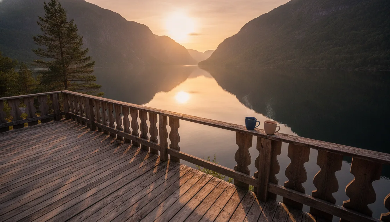 Utsikt fra en hytteterrasse over en norsk fjord i kveldssol